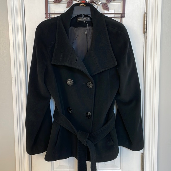 Ellen Tracy Jackets & Blazers - Ellen Tracy Black Wool & Angora Belted Double-Breasted Coat